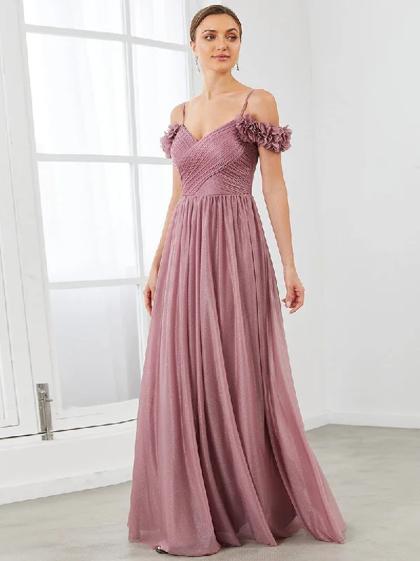 BerriesJam - Long A-LINE Off-Shoulder Floral V-Neck Prom Dress