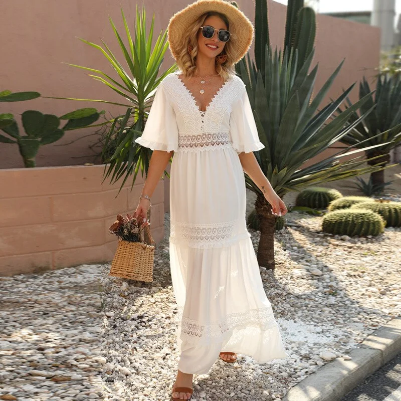 BerriesJam - Long Chiffon V-Neck Lace Maxi Boho Beach Holiday Dress