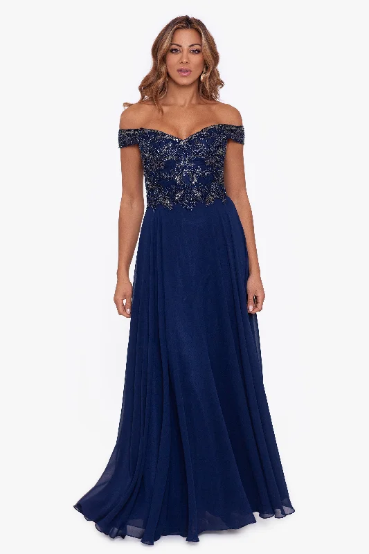 Long Off The Shoulder Chiffon Beaded Gown