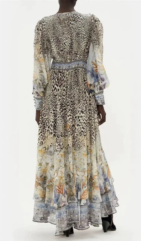 LONG SLEEVE DEEP V-NECK LEOPARD PATTERN WRAPPED WAIST MAXI DRESS