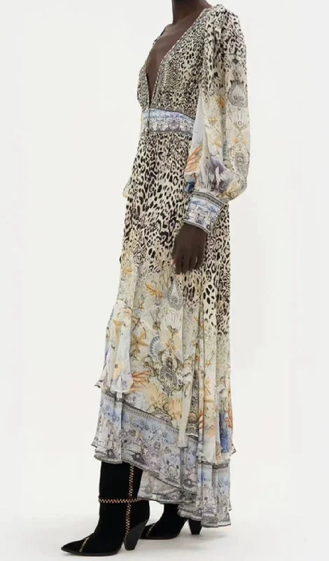 LONG SLEEVE DEEP V-NECK LEOPARD PATTERN WRAPPED WAIST MAXI DRESS