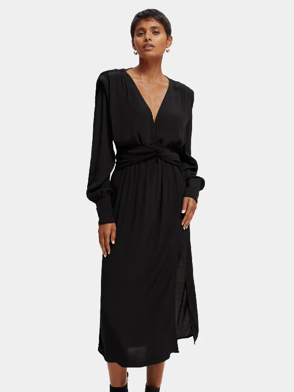 Long sleeved belted v-neck midi dress