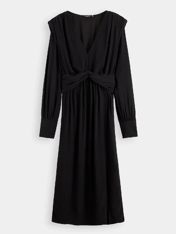 Long sleeved belted v-neck midi dress