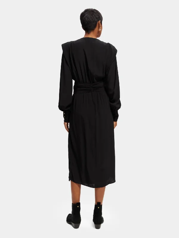 Long sleeved belted v-neck midi dress