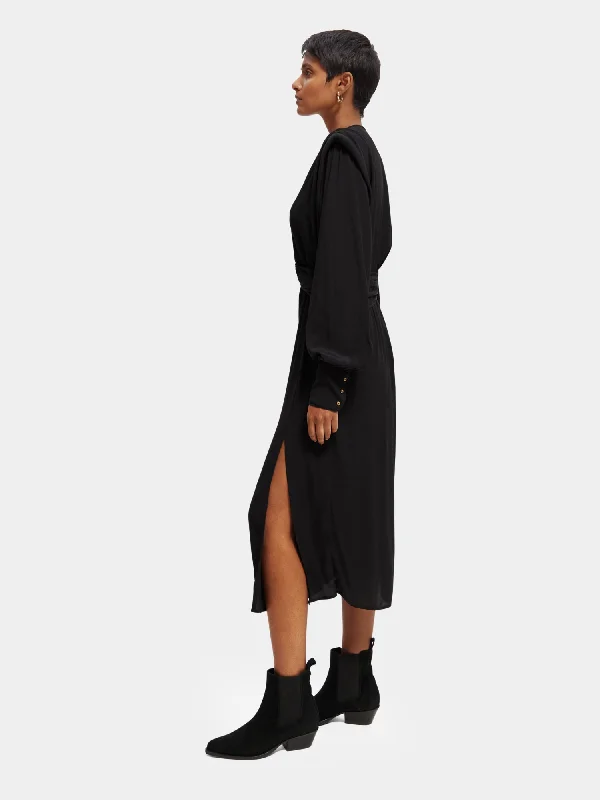 Long sleeved belted v-neck midi dress