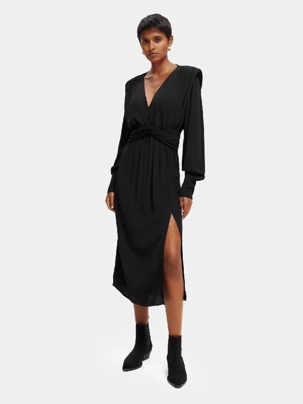 Long sleeved belted v-neck midi dress