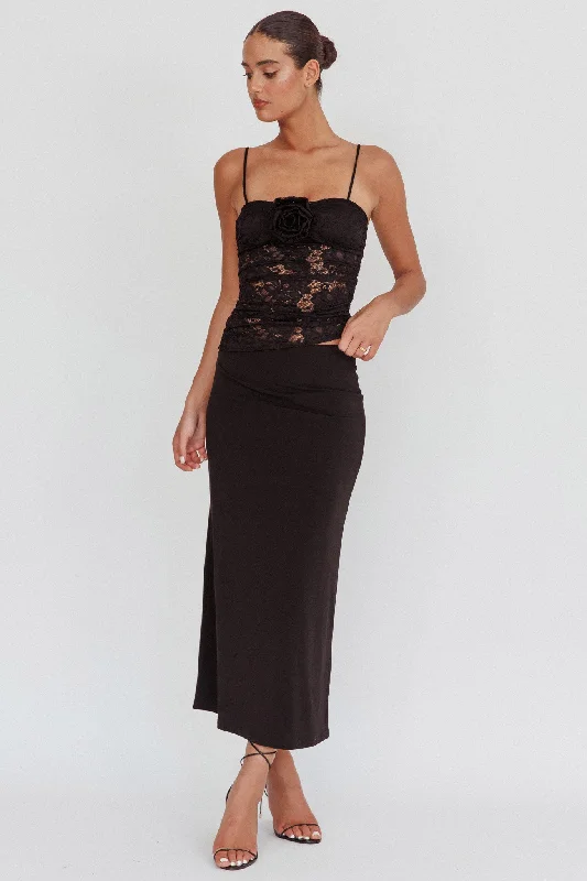 Lorely Lace Rosette Maxi Dress Top Black