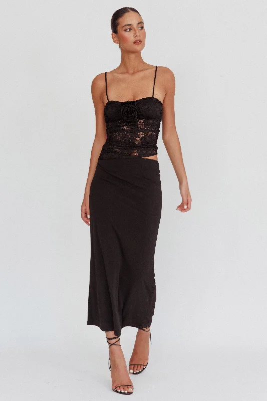 Lorely Lace Rosette Maxi Dress Top Black