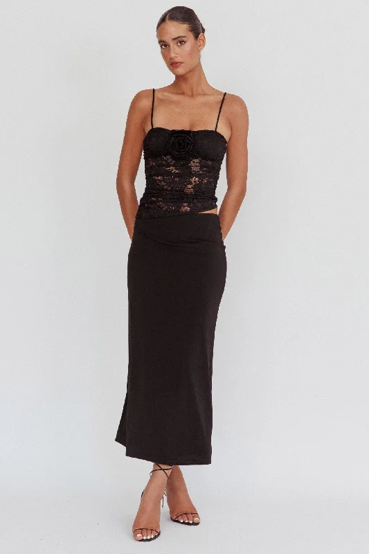 Lorely Lace Rosette Maxi Dress Top Black