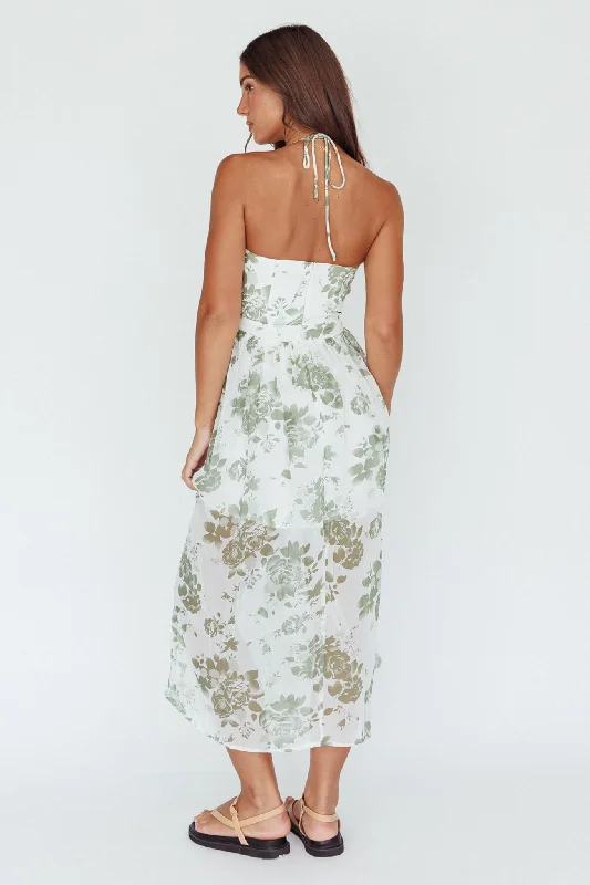 Los Feliz Tied Bust Halterneck Midi Dress Floral Green