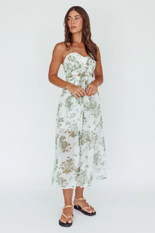 Los Feliz Tied Bust Halterneck Midi Dress Floral Green