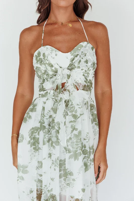 Los Feliz Tied Bust Halterneck Midi Dress Floral Green