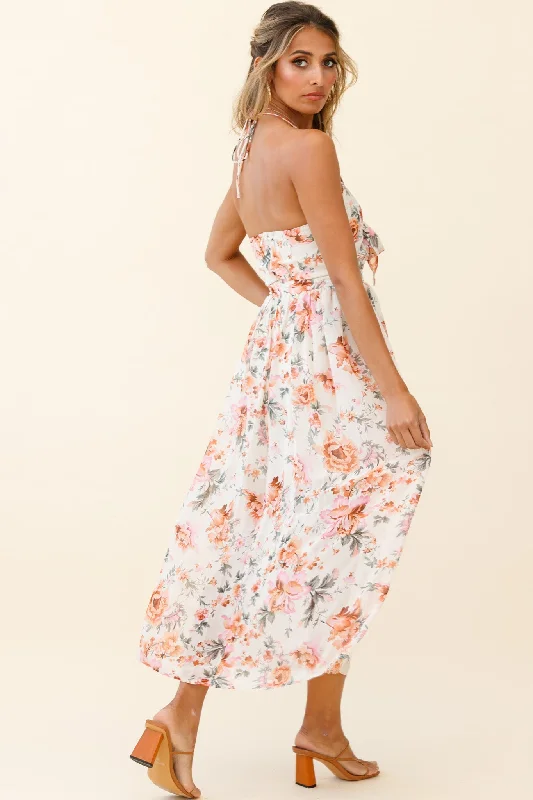 Los Feliz Tied Bust Halterneck Midi Dress Floral Print Pink