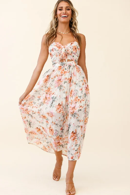 Los Feliz Tied Bust Halterneck Midi Dress Floral Print Pink