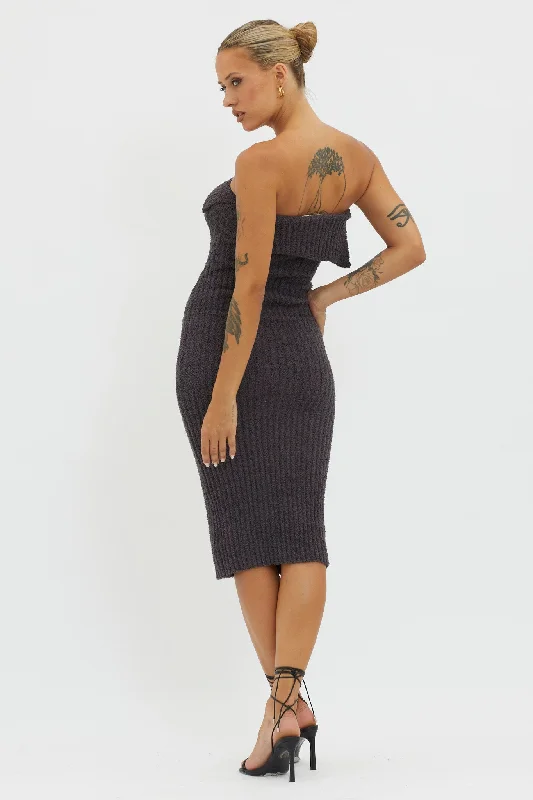 Lupita Foldover Ribbed Knit Midi Dress Charcoal