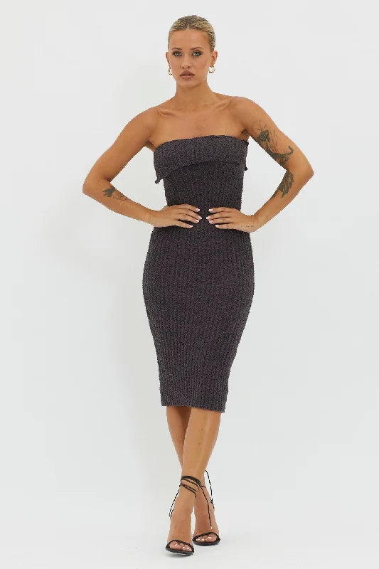 Lupita Foldover Ribbed Knit Midi Dress Charcoal