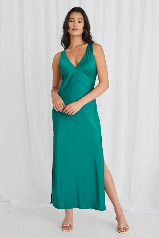 Mable Ocean Green Satin Sleeveless Empire Tie Back Maxi Dress