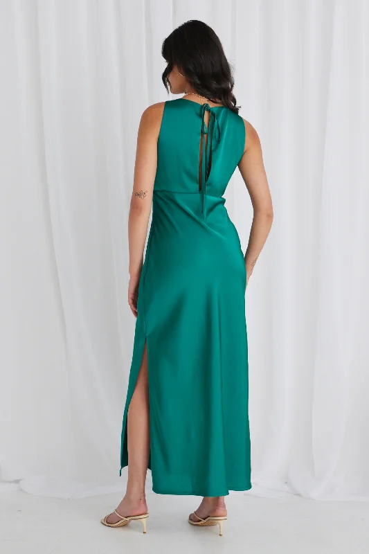 Mable Ocean Green Satin Sleeveless Empire Tie Back Maxi Dress