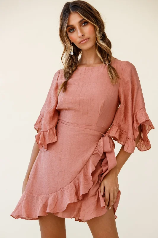 Make It Happen Flared Sleeve Ruffle Trim Dress Rose