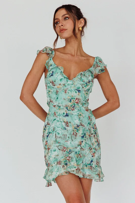 Make Memories Frill Strap Mini Dress Floral Mint