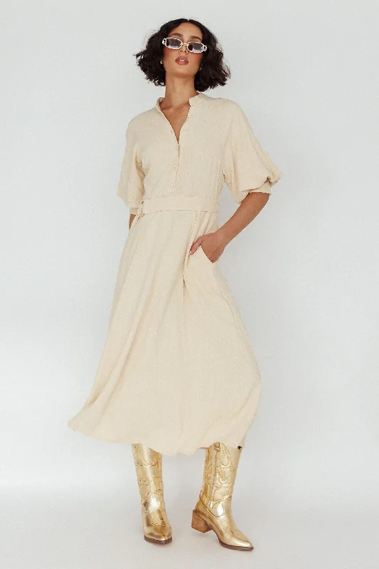 Mallory Belted Waist Lantern Sleeve Midi Dress Beige