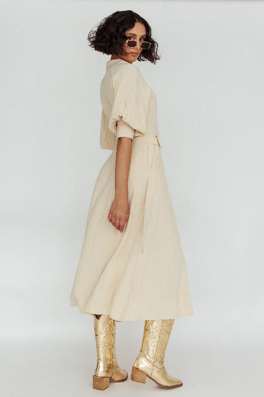 Mallory Belted Waist Lantern Sleeve Midi Dress Beige