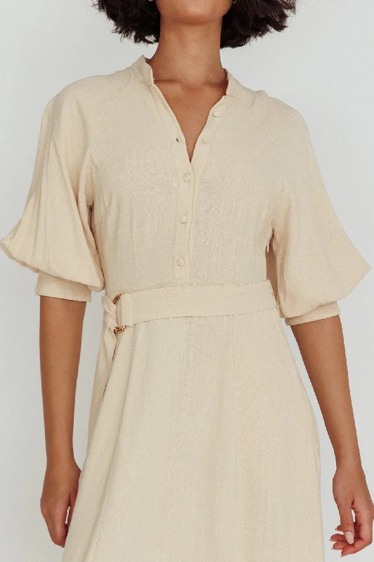 Mallory Belted Waist Lantern Sleeve Midi Dress Beige