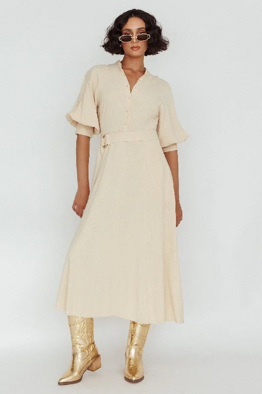 Mallory Belted Waist Lantern Sleeve Midi Dress Beige