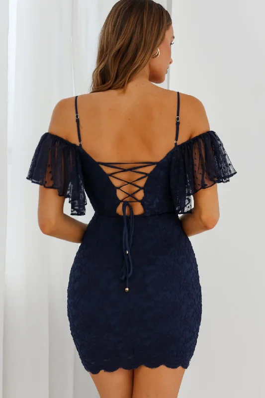 Maribel Hail Spot Sleeve Lace-Up Back Lace Mini Dress Navy