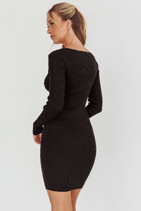 Maribeth Long Sleeve Ribbed Knit Mini Dress Black