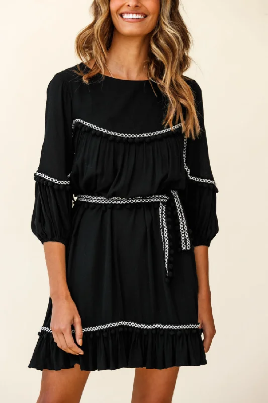 Marionette Three-Quarter Sleeve Pom-Pom Dress Black