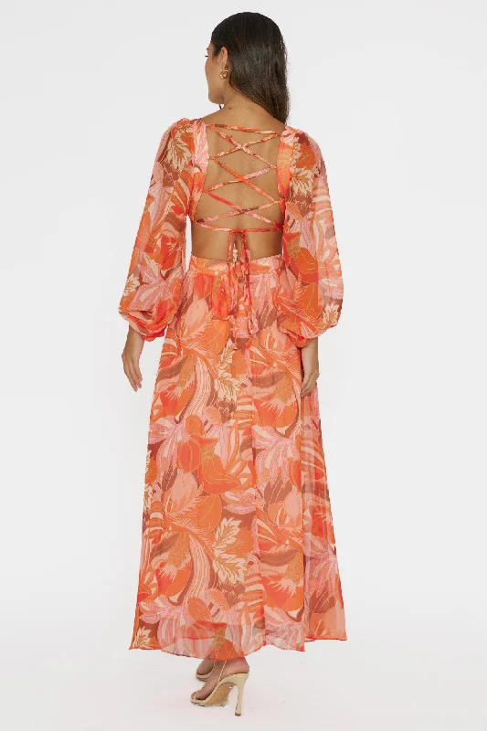 Maura Long Sleeve Lace-Up Back Dress Floral Orange