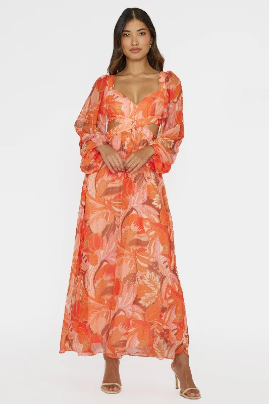 Maura Long Sleeve Lace-Up Back Dress Floral Orange