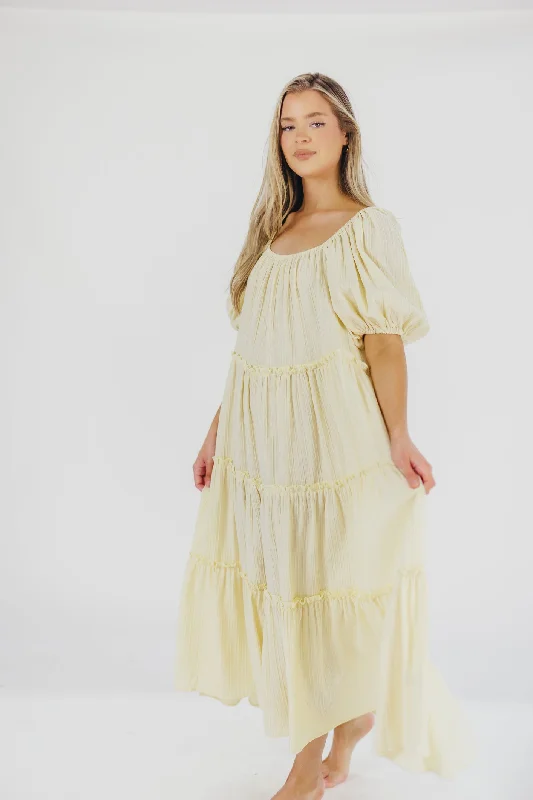 Eva Puffed Sleeve Maxi Dress in Pale Yellow - Bump Friendly & Inclusive Sizing (S-3XL)