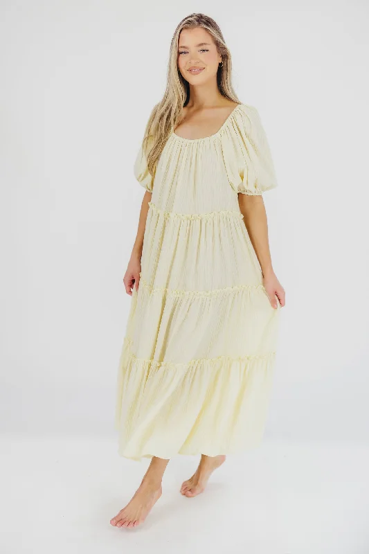 Eva Puffed Sleeve Maxi Dress in Pale Yellow - Bump Friendly & Inclusive Sizing (S-3XL)