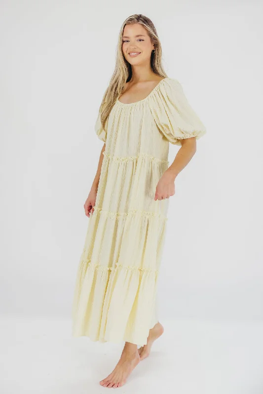 Eva Puffed Sleeve Maxi Dress in Pale Yellow - Bump Friendly & Inclusive Sizing (S-3XL)