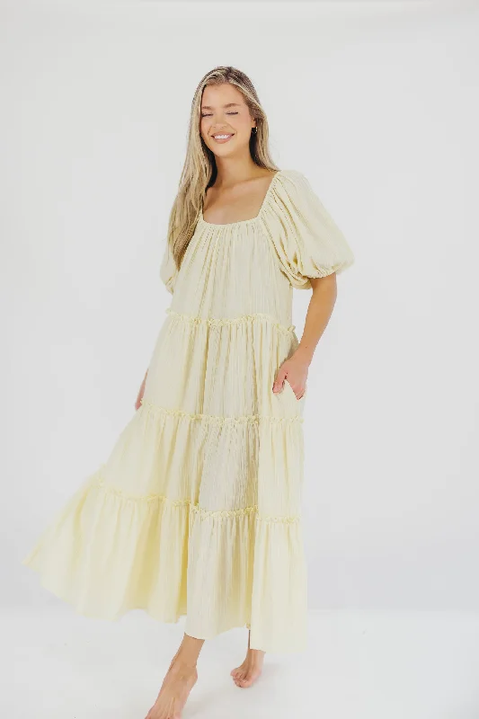 Eva Puffed Sleeve Maxi Dress in Pale Yellow - Bump Friendly & Inclusive Sizing (S-3XL)