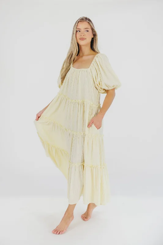 Eva Puffed Sleeve Maxi Dress in Pale Yellow - Bump Friendly & Inclusive Sizing (S-3XL)