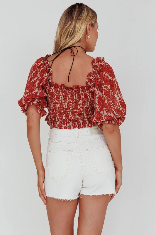 Meet Cute Shirred Bust Off-Shoulder Crop Top Floral Beige