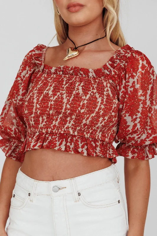 Meet Cute Shirred Bust Off-Shoulder Crop Top Floral Beige