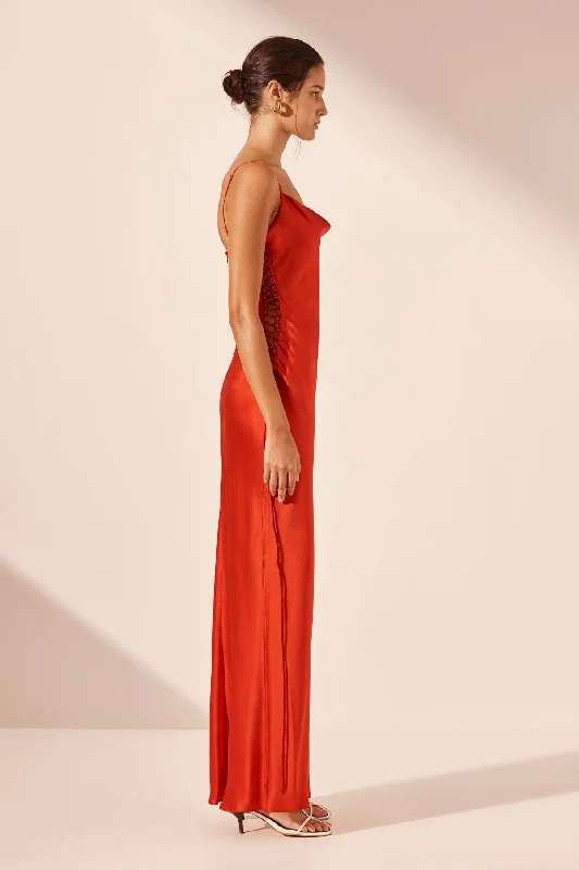 MILENNA SILK COWL NECK LACE UP MAXI DRESS - CHILLI RED