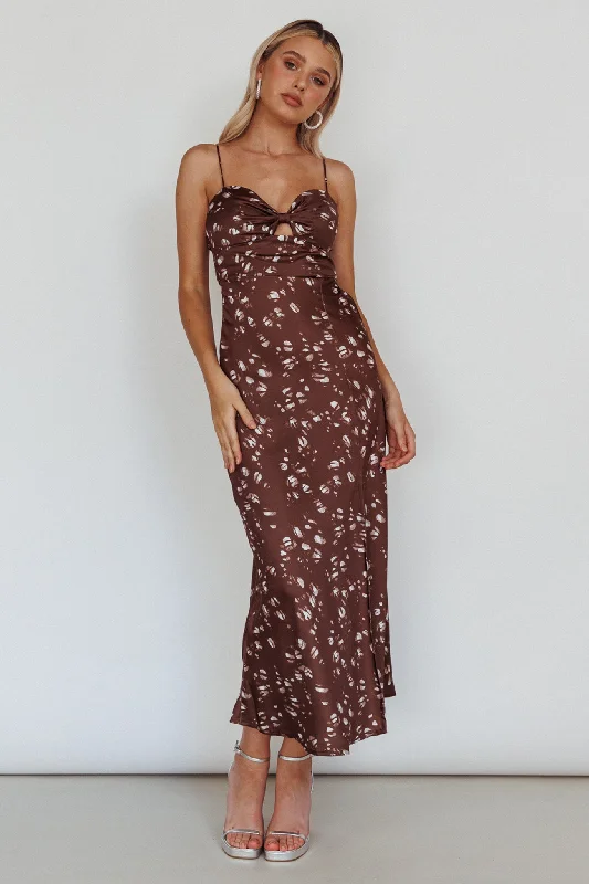 Missoula Cami Strap Padded Bust Midi Dress Printed Brown