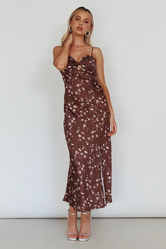 Missoula Cami Strap Padded Bust Midi Dress Printed Brown