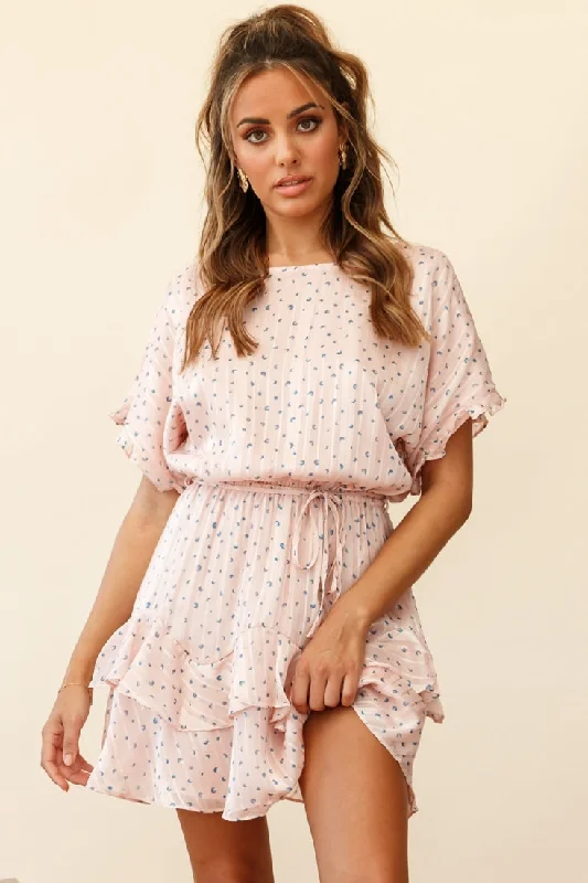 Mollina Frill Sleeve Layered Hem Dress Spot Print Blush