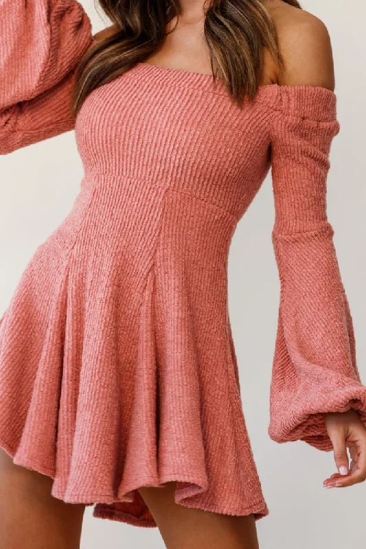 Morais Puff Sleeve Off Shoulder Fit and Flare Sweater Dress Rose