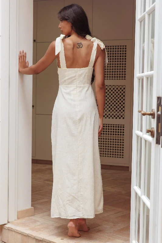 Mykonos Morning Tied Shoulder Maxi Dress Embroidered Beige