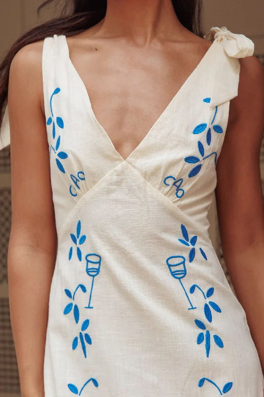 Mykonos Morning Tied Shoulder Maxi Dress Embroidered Beige