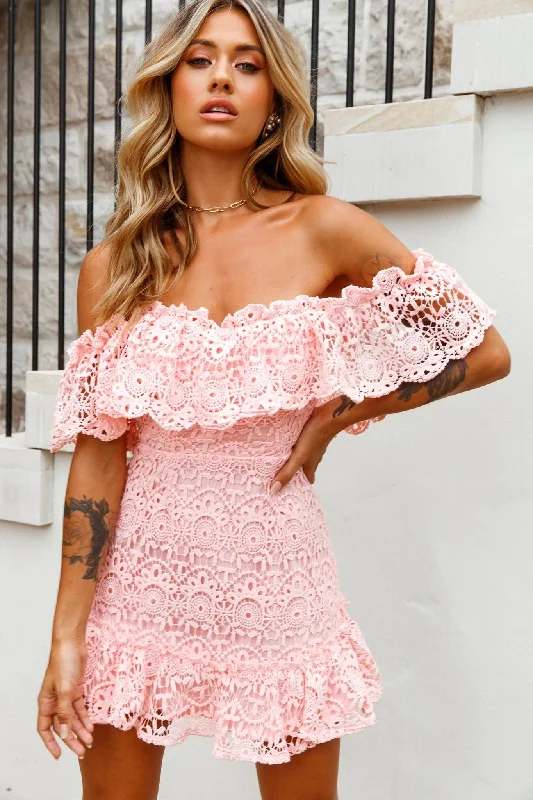 Mykonos Off-Shoulder Crochet Lace Dress Pink