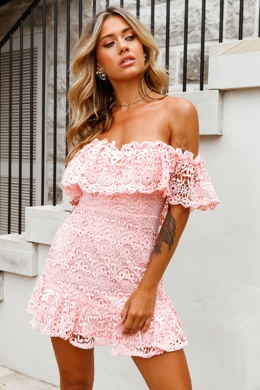 Mykonos Off-Shoulder Crochet Lace Dress Pink