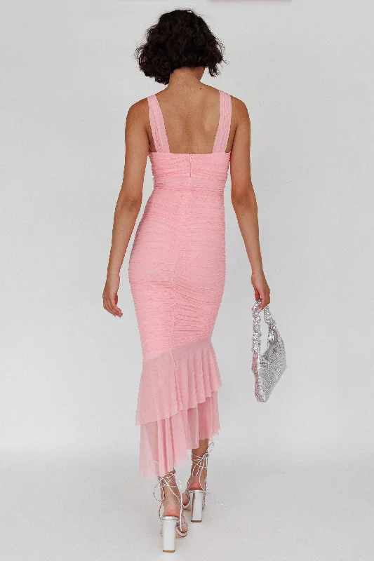 Nadia Ruched Fishtail Maxi Dress Blush